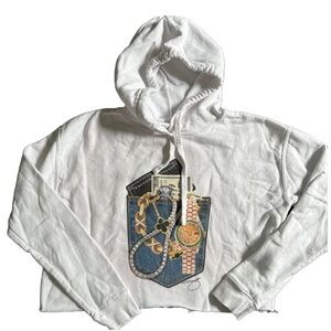 LANE SEVEN WHITE CROPPED HOODIE WITH PRINT OF MONEY WND JEWELS SIZE MEDIUM